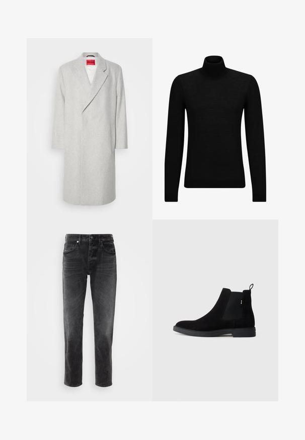 Hallide villasegu mantel hallis ja mustris, millel on nurgelised kraed, pikad varrukad ja ühe nupuga kinnitus. Omab plaastritaskut ja erkpunast sildit sises.; Musthave muströid ja pehmest materjalist must turtleneck, millel on pikad varrukad ja tihe istuvus. Ribaga ääris allservas ja vöökohal. Lihtne disain.; Mustadest denimist valmistatud sirge säärega teksad, viie taskuga, nööpkinni ja tagasihoidliku pleekimisega, millel on tekstuuriga kangas.; Mustad nubuk Chelsea saapad elastsete külgpaneelide, ümarate varvaste ja madala kummitaldiga. Tagaküljel on tõmblõng lihtsaks jalga panemiseks.