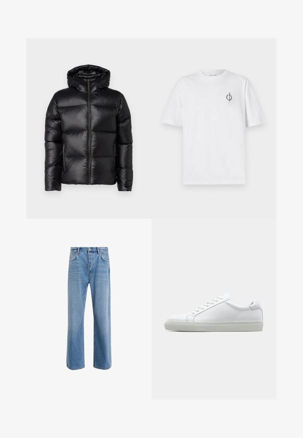 Belstaff RESOLVE JACKET - Bunda z prachového peří - black; Bílý bavlněný tričko s volným střihem, které má malé černé grafické logo na levé straně hrudi. Krátké rukávy, kulatý výstřih.; Světle modré džínové kalhoty s rovnými nohavicemi, pěti kapsami, zapínáním na knoflík, minimálním vyblednutím a kontrastním prošitím.; Bílé tenisky s hladkým koženým svrškem a nízkým profilem. Mají zaoblenou špičku, šest nýtů a texturovanou gumovou podrážku.