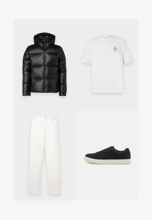 Belstaff RESOLVE JACKET - Dūnu jaka - black; Bāla kokvilnas t-kreklu ar brīvu piegulšanu, kuram uz kreisā krūšu apvidus ir neliels melns grafiskais logotips. Īsas piedurknes, apaļas kakla izgriezums.; Baltas bikses, izgatavotas no gludas auduma, ar taisnu kāju dizainu, priekšējiem krokām un vienu pogu aizdari jostasvietā.; Melnas zamšādas sporta apavi ar noapaļotu purngalu, baltu gumijas zoli, kontrastējošām zilo auklēm un gludu faktūru. Minimālistisks dizains bez redzamas logo.