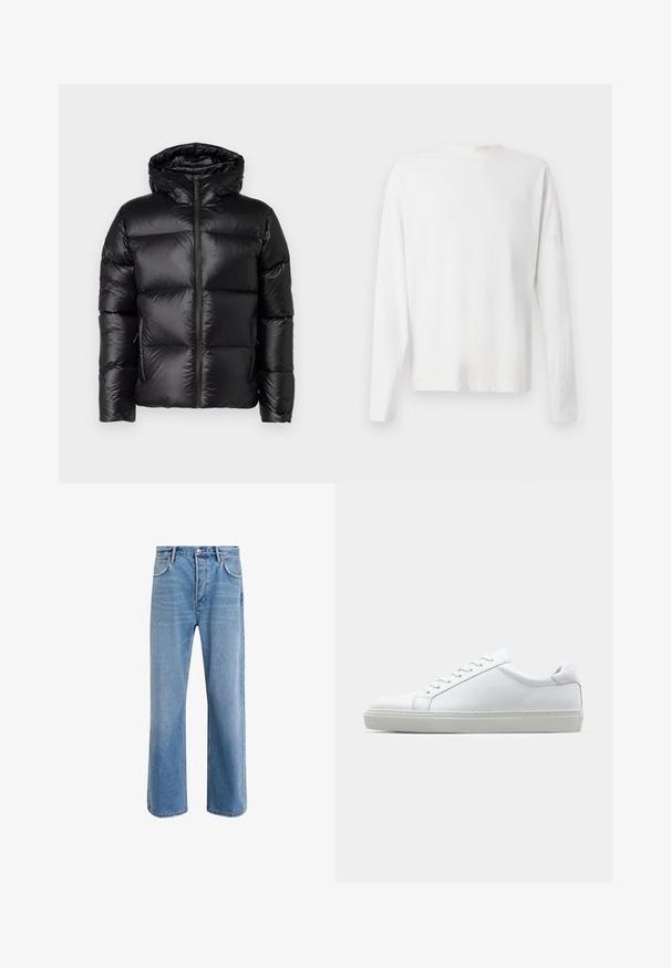 Belstaff RESOLVE JACKET - Dunjacka - black; Vit långärmad skjorta i bomull med rund halsringning, sidofickor längst ner och en slät yta, visad bakifrån.; Ljust blå denimjeans med rak passform, fem fickor, knappstängning, minimal blekning och kontrasterande sömdetaljer.; Vit sneaker med en slät läderövre och låg profil. Har en rundad tå, sex snörhål och en strukturerad gummisula.