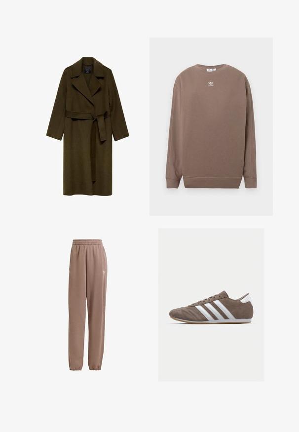 Olive green wool coat with a shawl collar, long sleeves, and a belted waist. Features a straight cut with no visible fastenings or patterns.; Brown sweatshirt made of soft fabric, featuring a crew neck, long sleeves, and a white Adidas logo on the chest. Simple design, no patterns.; Brown sweatpants made of soft fabric, featuring an elastic waistband, side pockets, and elastic cuffs, with a white logo accent.; Brown suede athletic shoe with white stripes, round toe, lace-up design, and gum rubber sole. Textured upper with stitching details.