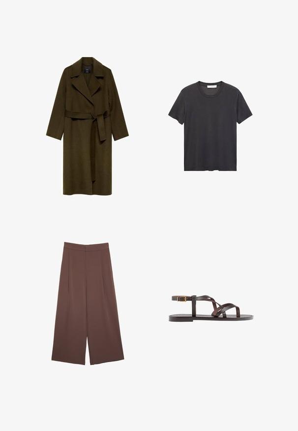 Maslinasto zeleni vuneni kaput sa šalom, dugim rukavima i pojasom u struku. Ima pravilan kroj bez vidljivih kopčanja ili uzoraka.; Crna majica s okruglim izrezom napravljena od mekanog pamuka. Kratki rukavi, opušteni kroj i ravni rub bez ukrasnih elemenata ili uzoraka.; Smeđe hlače širokog kroja s glatkom teksturom, koje imaju visok struk i nabore sprijeda. Tkanina je lagana i slobodno se kreće.; Smeđe kožne sandale s iskrižanim trakama, umetkom za zapešće s kopčanjem i ravnim potplatom s minimalnim detaljima šivanja.
