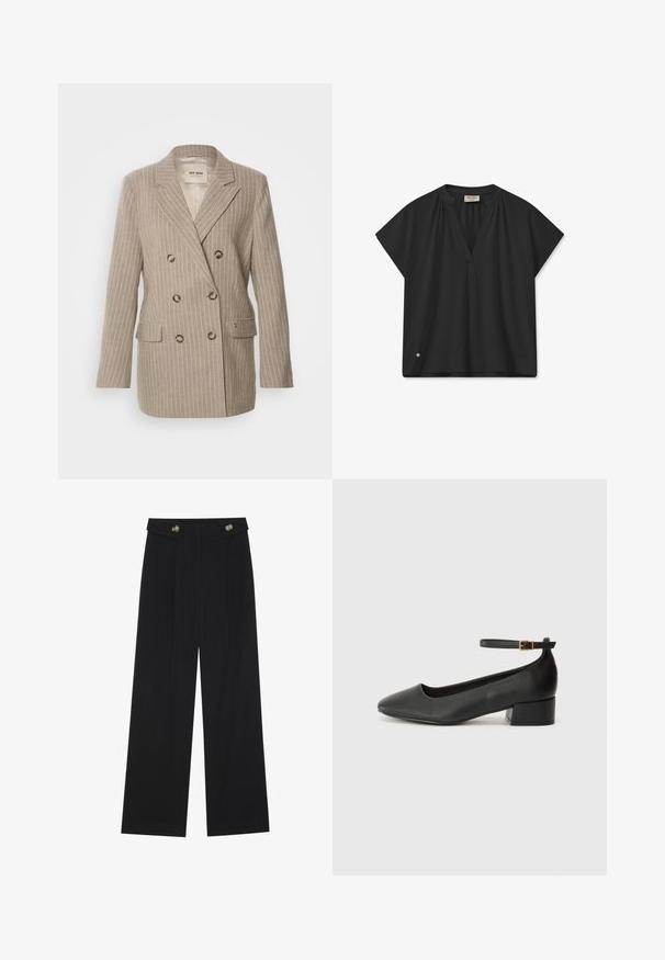 Mos Mosh ENYA BLAZER - Rövid kabát - light brown; Fekete, rövid ujjú blúz V-nyakkivágással, vállrészen ráncolt részletekkel és a szegélyen egy diszkrét logóval. Sima textúra.; Fekete, bő szárú nadrág magas derékkal, gombos részletekkel a derékrészen és elülső pliszékkal.; Fekete bőr magassarkú cipő hegyes orral és alacsony tömb sarkal. Bokapánttal rendelkezik, aranyszínű csattal. Simább textúra.