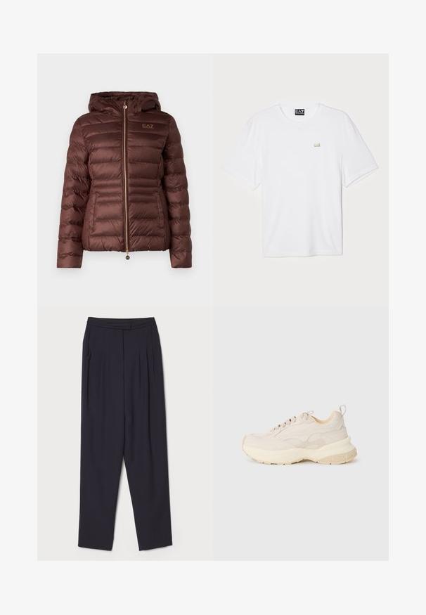 EA7 Emporio Armani GIUBBOTTO - Zimska jakna - puce; Bijela pamučna majica kratkih rukava s okruglim izrezom, s malim zlatnim EA7 logotipom na lijevoj strani prsnog područja.; Tamne tamnoplavih hlača napravljenih od mekanog materijala, s plitkim naborima i ravnim krojem, standardnim pojasom i bočnim džepovima.; Bež tenisice sa glatkom gornjom površinom, teksturiranim akcentima i debelim off-white đonom. Imaju vezice i petlju na peti za lakše oblačenje.