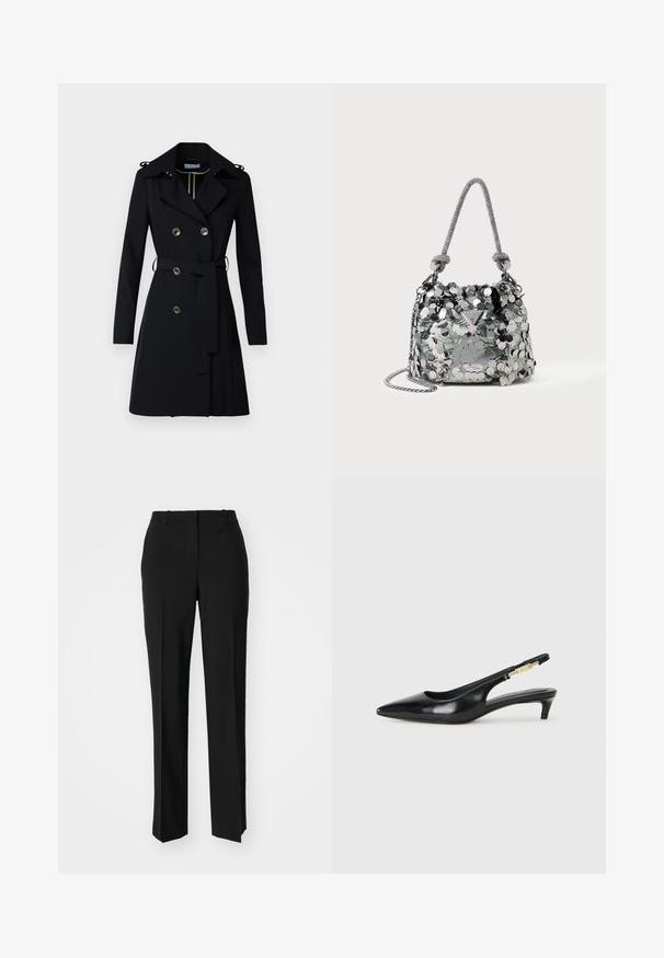 Patrizia Pepe Trentšmantel - nero; Valge üle mõõtme T-särk pehmest kangast, ümarate kaelustega ja lühikeste varrukatega, esiküljel väike must "Boss" logo.; Mustad ja sirged püksid, millel on sile tekstuur ja teravad voldid esiosas. Ilma nähtavate detailideta.; Mustad nahast slingback kontsad terava ninaga, millel on õhuke konts ja kuldse tooni aktsent reguleeritaval rihmal. Sile tekstuur.; Väike hõbedane käsipagas, mis on kaetud suurte sädelustega, sõlmitud käepideme ja kettrihmaga, millel on esiküljel Guessi brändi logo.