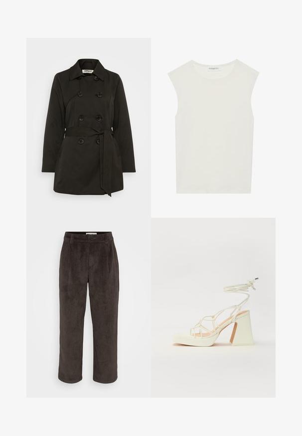 Trench coat negru, cu două rânduri de nasturi, cu curea, având un guler clasic și accente cu nasturi. Fabricat dintr-un material neted, cu buzunare laterale.; Top alb fără mâneci, cu decolteu rotund. Fabricat dintr-un material neted, prezintă o croială lejeră și un design minimalist. Fără modele sau accente.; Pantaloni din catifea bere cu un design drept, textură subtilă și închidere frontală cu buton, având buzunare laterale.; Sandale albe cu toc înalt și gros, cu un design cu curele și legătură la gleznă. Textură netedă, cu o platformă frontală pentru înălțime suplimentară.