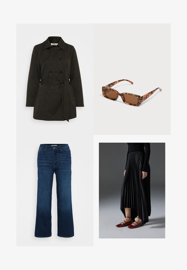 Juodas dvigubas kašmyro paltas su diržu, klasikinio apykaklės dizaino ir mygtukų detalėmis. Pagamintas iš glotnaus audinio, su šoninėmis kišenėmis.; Even&Odd Petite 3 PACK - Ilgarankovis viršutinės dalies drabužis - black/white/light green; ONLY Petite ONLMADISON BLUSH WIDE - Platėjantys džinsai - dark blue denim; Juoda plisuota sijonas su aukštesniu priekiniu kraštu, derinamas su blizgiomis raudonomis plokščiomis bateliais, turinčiais dirželio dizainą. Medžiaga yra glotni.; Vėžlio kiauto saulės akiniai su stačiakampiais rudi objektyvais, storu rėmu ir siaurais rankenėlėmis, dekoruotomis skirtingų atspalvių ruda spalva.; Sidabriniai auskarai su sklandžiu, poliruotu paviršiumi. Apvalios formos ir saugus uždarymo mechanizmas. Lengvas dizainas, tinkantis kasdieniam dėvėjimui.