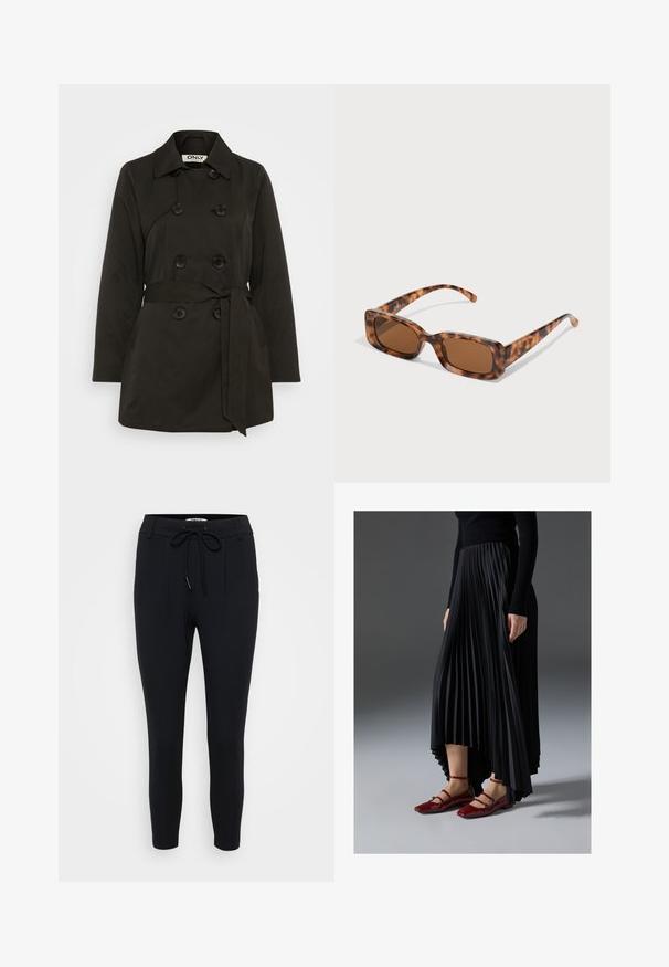 Trench coat negru, cu două rânduri de nasturi, cu curea, având un guler clasic și accente cu nasturi. Fabricat dintr-un material neted, cu buzunare laterale.; Even&Odd Petite 3 PACK - Bluză cu mânecă lungă - black/white/light green; Pantaloni negri con un croi con piciorul îngust, confecționați dintr-un material elastic, având o talie cu șnur, două pliuri frontale și o textură netedă.; Fustă pliată neagră cu un tiv înalt-jos, asortată cu balerini roșii strălucitori cu un design cu curea. Tesătura are o textură netedă.; Ochelari de soare cu rama țestoasă, cu lentile rectangulare maro, o ramă groasă și brațe subțiri, prezentând un model cu nuanțe variate de maro.