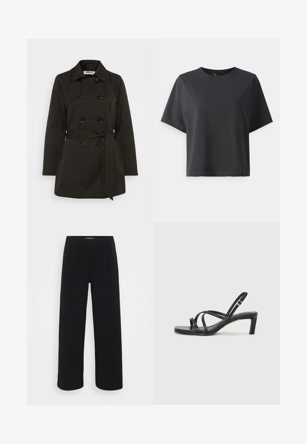 Fekete, dupla breasted esőkabát, övvel, klasszikus gallérral és gombos díszítéssel. Simább anyagból készült, oldalsó zsebekkel.; Fekete pamut póló, rövid ujjú, kerek nyakkivágású, laza szabású, sima textúrájú, egyszerű design, minta vagy kiegészítők nélkül.; Fekete, bő szárú nadrág, elasztikus derékkal. Texturált anyagból készült, laza szabású, egyenesen vágva a csípőtől a szegélyig.; Fekete pántos szandál négyzetes orral és alacsony blokk sarkal. Több vékony pánttal és állítható boka pánttal rendelkezik. Sima bőrből készült.