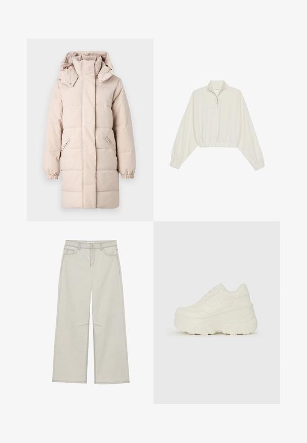 Μπεζ μπουφάν τύπου πούφρας με ψηλό γιακά και αποσπώμενη κουκούλα. Διαθέτει πλαϊνές τσέπες με φερμουάρ και ελαστικές μανσέτες. Λεία υφή, σχεδίαση με κεντήματα.; Κομμένο pullover από κρέμα ύφασμα, με ψηλό γιακά, μισό φερμουάρ, ελαστική μέση και μανίκια, με λεία υφή και μινιμαλιστικό σχέδιο.; Ανοιχτό γκρι παντελόνι σε φαρδιά γραμμή με πέντε τσέπες, μπροστά κλείσιμο με κουμπί και αντίθεση ραφές κατά μήκος των ραφών. Το ύφασμα φαίνεται μαλακό και ανθεκτικό.; Λευκά αθλητικά παπούτσια με πλατφόρμα, διαθέτουν λείο επάνω μέρος που μοιάζει με δέρμα, στρογγυλή σιλουέτα, επενδυμένο κολάρο και υφασμένο καουτσούκ σόλα με καθορισμένα μοτίβα.