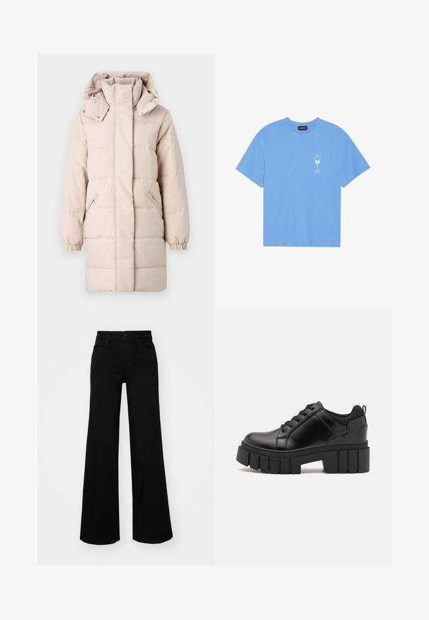 Bežinė pūkinė striukė su aukštu apykakle ir nuimamu капюшоном. Yra šoninės užtrauktukų kišenės ir elastingi rankogaliai. Lygus paviršius, siūtas dizainas.; Šviesiai mėlyna medvilninė marškinėliai su apvaliu iškirpimu. Kairėje krūtinės pusėje pavaizduotas baltas palmės medžio grafikas ir tekstas. Trumpomis rankovėmis.; Juodos plačios kelnės iš denimo, turinčios struktūruotą juosmenį, diržo kilpas ir priekines kišenes. Lygus paviršius su klasikinio dizaino elementais.; Juodi odiniai platformos batai su masyviu blokuota kulniuku, apvalia nosimi ir tradiciniu šnypštimo dizainu. Turintys glotnų paviršių ir minimalų dekoravimą.