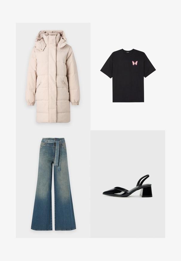 Beige pufferjacka med hög krage och avtagbar huva. Har sidofickor med dragkedja och elastiska ärmslut. Slät yta, quiltat mönster.; Svart bomullströja med korta ärmar, med en liten rosa fjärilsgrafik på vänster bröst. Rundad halsdesign med en avslappnad passform.; Breda denimbyxor med en ljus till mörkblå gradient, hög midja, bälteshällor och ett matchande tygbälte. Texturerad denimfinish.; Svarta lackläder slingback klackar med spetsig tå och geometrisk klack. Har en elegant, minimalistisk design och slät yta.