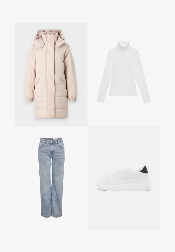 Beidzīga krēmkrāsas puffer jaka ar augstu apkakli un noņemamu kapuci. Aprīkota ar sānu rāvējslēdzēju kabatām un elastīgām aprocēm. Gluda tekstūra, quiltota dizaina.; Balts garie piedurknēm turtlenecks krekls, izgatavots no gludas, elastīgas auduma. Iezīmē augstu apkakli un pielāgotu dizainu, bez redzamām rakstainām vai rotājumiem.; Gaiši zili platlapu džinsi, izgatavoti no denima, ar augstu jostasvietu, piecu kabatu dizainu un vieglu nolietojuma efektu.; Baltas platforma kedas, izgatavotas no gludas sintētiskas vielas, ar noapaļotu purngalu, saites dizainu un teksturētu gumijas zoli. Melna papēža akcenta detaļa.