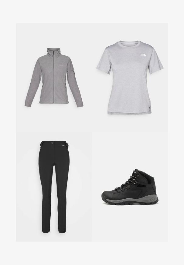 Sivá flísová bunda s vysokým golierom, predným zipsom a dvoma bočnými vreckami. Obsahuje logo na ľavej hrudi a jemné švy.; Sivý tričko s krátkym rukávom vyrobené z jemného, vlhkosť odvádzajúceho materiálu. Obsahuje okrúhly výstrih a malé biele logo na hornej ľavej strane.; Čierne, priliehavé nohavice vyrobené z flexibilného materiálu. Medzi vlastnosti patrí zipsová bočná vrecko, tvarované kolená a hladký povrch.; Čierna turistická obuv s polovičným strihom, s textúrovaným zvrškom, šedými akcentmi a odolnou gumovou podrážkou s protišmykovými hrebienkami.
