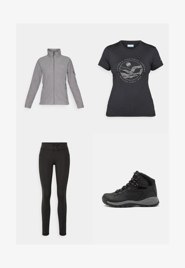 Szara polarowa kurtka z wysokim kołnierzem, przednim zamkiem błyskawicznym i dwiema bocznymi kieszeniami. Posiada logo na lewej piersi oraz subtelne szwy.; Czarny t-shirt Columbia z białą okrągłą grafiką gór i rzeki oraz napisem "Columbia Sportswear Company Outside Since 1938."; Czarne legginsy z wysokim stanem, sznurkiem do regulacji, gładką teksturą i dopasowanym krojem. Posiadają detale w postaci przeszyć po bokach.; Czarne buty trekkingowe z średnim cholewem, z teksturowaną cholewą, szarymi akcentami oraz trwałą gumową podeszwą z wypustkami zapewniającymi przyczepność.