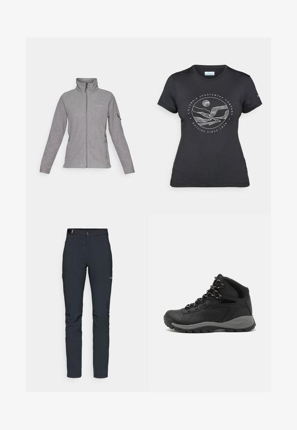 Szara polarowa kurtka z wysokim kołnierzem, przednim zamkiem błyskawicznym i dwiema bocznymi kieszeniami. Posiada logo na lewej piersi oraz subtelne szwy.; Czarny t-shirt Columbia z białą okrągłą grafiką gór i rzeki oraz napisem "Columbia Sportswear Company Outside Since 1938."; Męskie spodnie outdoorowe, ciemnoszare, wykonane z elastycznego materiału, z paskiem, kieszeniami na zamek oraz wzmocnionymi szwami.; Czarne buty trekkingowe z średnim cholewem, z teksturowaną cholewą, szarymi akcentami oraz trwałą gumową podeszwą z wypustkami zapewniającymi przyczepność.