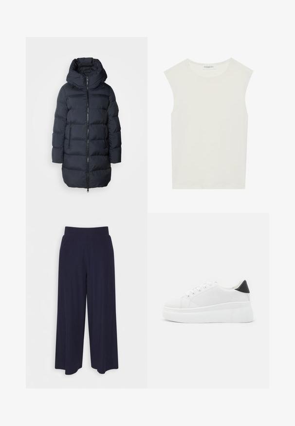 Abrigo de plumas azul marino con un alto cuello, cierre de cremallera y dos bolsillos delanteros. Tiene una textura acolchada y capucha ajustable con cordón.; Top blanco sin mangas con escote redondo. Hecho de una tela suave, presenta un corte relajado y un diseño minimalista. Sin patrones ni acentos.; Pantalones de pierna ancha en tejido de un oscuro color navy con una textura acanalada. Presenta una cinturilla suave y una silueta fluida, llegando a la altura de las pantorrillas.; Zapatillas de plataforma blancas hechas de material sintético suave, con punta redondeada, diseño de cordones y suela de goma texturizada. Acento en el talón negro.