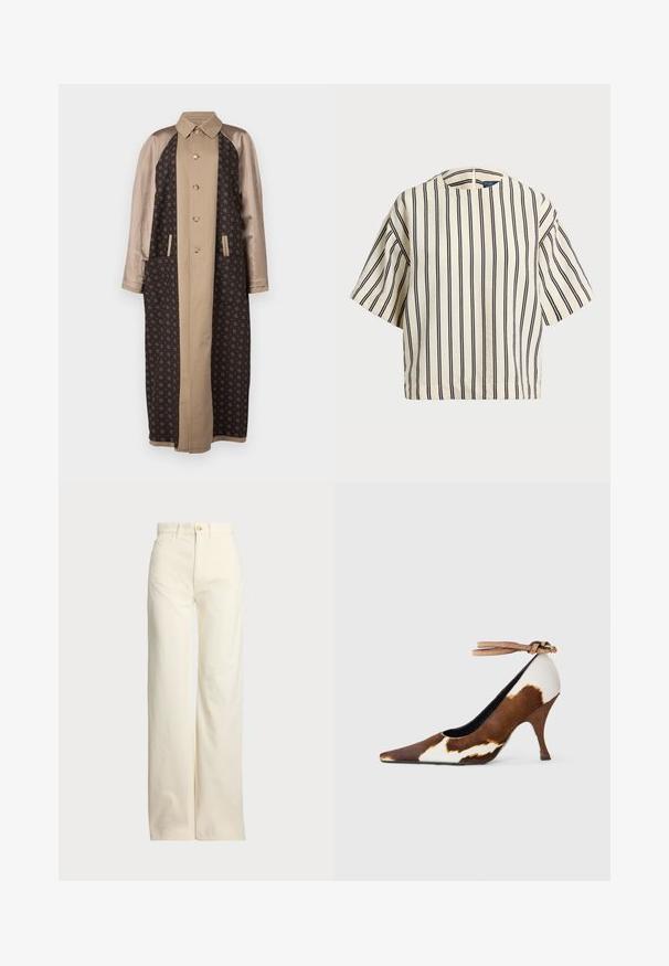Barna mintás hosszú kabát selymes bézs ujjakkal, elöl gombos záródással és oldal zsebekkel. Texturált anyag geometrikus mintákkal.; Rövid ujjú, csíkos felső krém és tengerészkék színben, kerek nyakkivágással és dobozos fazonnal, texturált anyagból.; Polo Ralph Lauren COTTON CORDUROY WIDE-LEG PANT - Nadrágok - warm white; Barna és fehér tehénmintás magassarkú cipő, hegyes orral, texturált felülettel és világosbarna csattal ellátott bokapánttal.