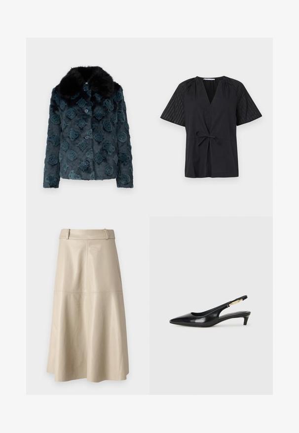 Mākslīgā zamša nomaļā tumši zilā krāsā ar rakstainu tekstūru, ar melnu zamšādas apkakli un ziliem pogām. Īsāks dizains ar garām piedurknēm.; Melnas blūzes ar V veida kakla izgriezumu, īsām piedurknēm un saišu jostu. Piedurknēm ir teksturēta, rakstaina auduma apdare, bet korpuss ir gluds.; Bežs ādas midi svārki ar gludu tekstūru, plašu jostas variantu un izplūdušu apakšējo malu; satur izšūtas vīles papildus detaļām.; Melnas ādas slingback zābaki ar smailu purngalu, ar šauru papēdi un zelta krāsas akcentu uz regulējama siksniņas. Gluda tekstūra.