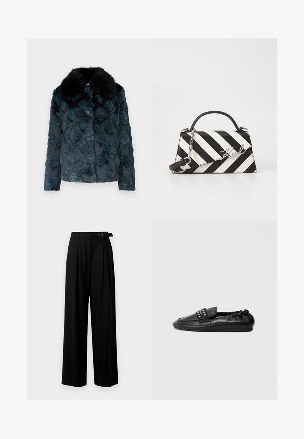 Tumedast teal'ist vale kunstkarv mantel, millel on mustriline tekstuur, must karvane krae ja sinised nööbid. Lühendatud disain ja pikad varrukad.; Must have toode: must oversize t-särk, mis on valmistatud puuvillast. Omab lühikesi varrukaid ja ümmargust kaelust. Esipoolt kaunistab valge tekst: "Karl Lagerfeld 21 RUE ST-GUILLAUME PARIS."; Mustad kõrge vöökohaga mustad laiad püksid, millel on ees voldid ja vöö, millel on pandla. Valmistatud siledast ja kergest kangast.; Mustad nahast slip-on jalanõud ümmarguse varbaosaga, voltide servade ja dekoratiivse rihmaga, millel on ülaosas naelad.; Mustriga musta ja valgega käekott, millel on struktureeritud kuju, pehme käepide, eemaldatav ahelriba ja metallist logo aktsent.