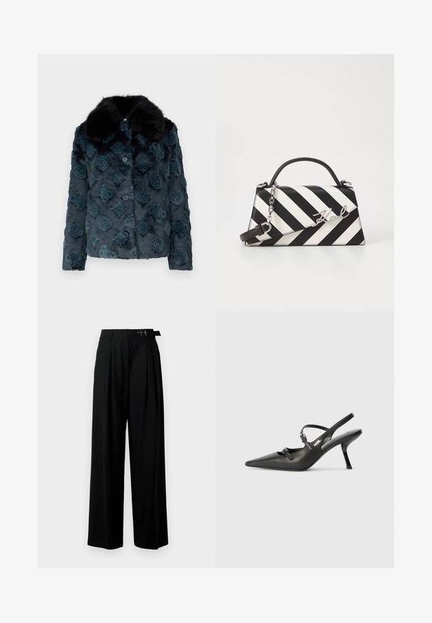 Umělecký kabát z umělé kožešiny v tmavě tyrkysové barvě s vzorovanou texturou, doplněný černým kožešinovým límcem a modrými knoflíky. Zkrácený střih s dlouhými rukávy.; Čierne oversized tričko vyrobené z bavlny. Má krátke rukávy a okrúhly výstrih. Na prednej strane je biely nápis: "Karl Lagerfeld 21 RUE ST-GUILLAUME PARIS."; Čierne široké nohavice s vysokým pásom, skladmi vpredu a opaskom s prackou. Vyrobené z hladkej, ľahkej textílie.; Čierne kožené slingback topánky na vysokom podpätku s ostrou špicou, štíhlym podpätkom a dekoratívnym detailom s prackou na priehlavku. Hladká textúra a elegantný dizajn.; Čierno-bielo pruhovaná kabelka so štruktúrovaným tvarom, obsahujúca hornú rúčku, odnímateľný reťazový popruh a kovový logo akcent.