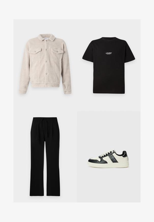 Faux shearling jacket in light beige. Button-up front with two chest pockets and a collared neckline. Soft texture, cropped design.; Black cotton t-shirt with a round neckline and short sleeves. Features a white "JJ Studios" logo on the upper chest area.; Black trousers with a relaxed fit, featuring an elastic waistband and drawstring. Smooth texture, straight legs, no visible pockets.; Leather sneakers with a black and cream color scheme, featuring perforated accents, a padded collar, and a textured outsole.