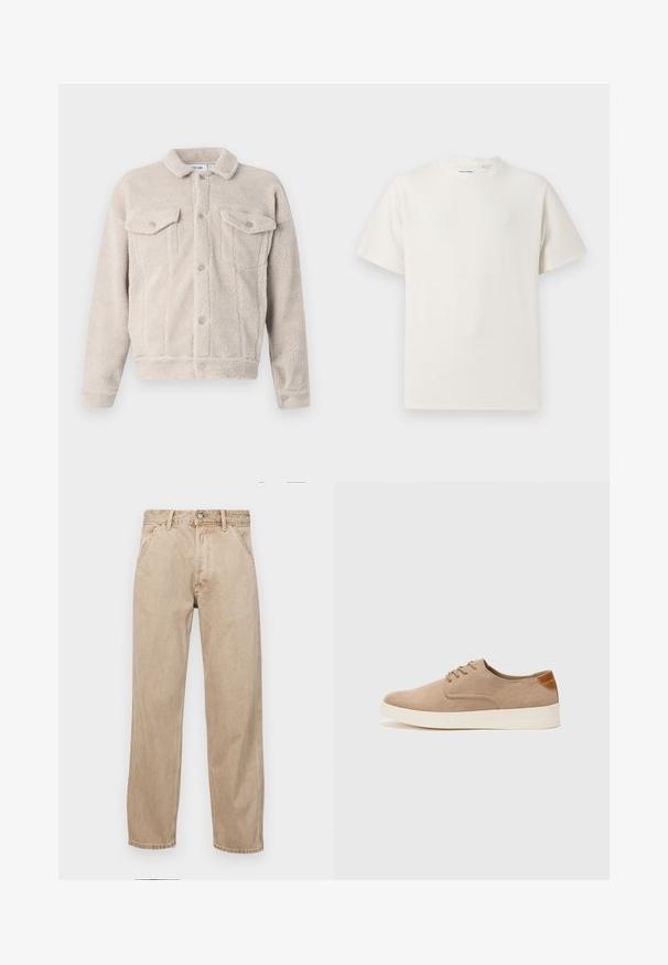 Falošný šálový kabát v svetlo béžovej farbe. Predný zapínací dizajn s dvomi náprsnými vreckami a golierom. Mäkká textura, skrátený strih.; Biela krátka tričko s krátkym rukávom so žebrovanou textúrou. Okrúhly výstrih, uvoľnený strih, žiadne viditeľné vzory ani akcenty. Jednoduchý a všestranný dizajn.; Bežové denimové rifle so strihom rovného nohu, s prednými vreckami, kovovým zapínaním na gombík a jemnou textúrou.; Béžové semišové tenisky s okrúhlou špičkou, šnurovaním vpredu a textúrovaným zadným akcentom. Biela gumová podrážka poskytuje kontrast. Jednoduchý a moderný dizajn.