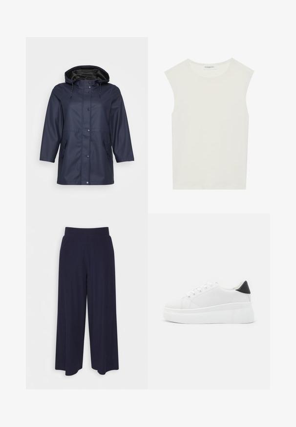 Capa de chuva impermeável azul-marinho com capuz, apresentando um fecho éclair e botões, e dois bolsos laterais, exibida contra um fundo claro.; Top branco sem mangas com decote redondo. Feito de um tecido liso, apresenta um corte descontraído e um design minimalista. Sem padrões ou detalhes.; Calças largas em tecido azul-marinho escuro com uma textura ribada. Apresenta uma cintura suave e uma silhueta fluida, atingindo o comprimento até metade da panturrilha.; Tênis plataforma brancos feitos de material sintético suave, apresentando ponta arredondada, design com cadarços e sola de borracha texturizada. Acento preto no calcanhar.