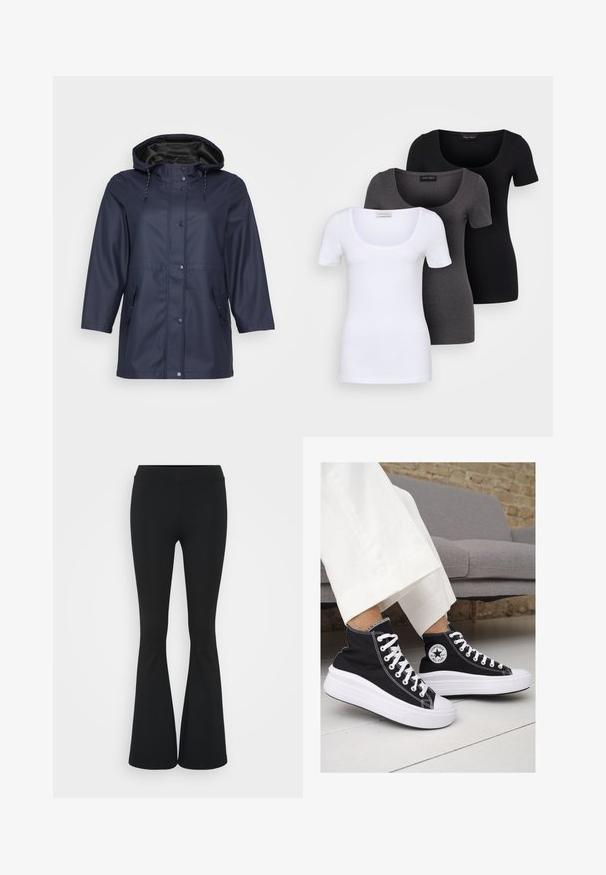 Mornarska vodoodporna jakna s kapuco, ki ima zadrgo in gumbe ter dve stranski žepu, prikazana na svetli podlagi.; Tri prilegla majica v beli, sivi in črni barvi. Vsaka ima širok izrez na vratu in kratke rokave. Narejene so iz gladkega, raztegljivega materiala.; Črne hlače s širokimi hlačnicami, izdelane iz raztegljive tkanine, z visokim pasom in gladko teksturo. Hlače se širijo od kolena navzdol.; Črne platnene visoke superge z belimi gumijastimi podplati in vezalkami. Imajo krožni logotip na strani in kontrastno bele šive.