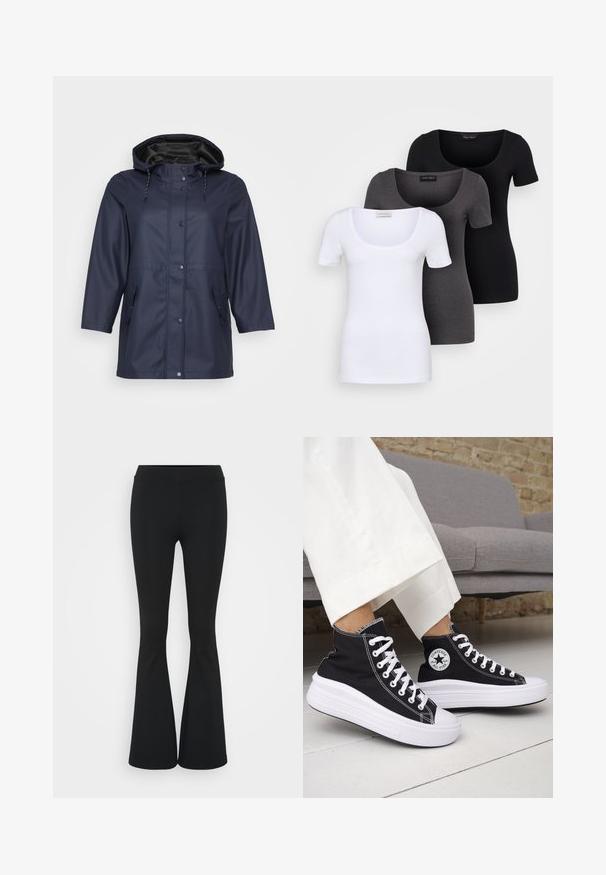 Navy waterproof raincoat with a hood, featuring a zipper and buttons, and two side pockets, displayed against a light background.; Three fitted T-shirts in white, gray, and black. Each features a wide scoop neckline and short sleeves. Made from smooth, stretchy fabric.; Black flared pants made of stretchy fabric, featuring a high waistband and a smooth texture. The pants flare out from the knee.; Black high-top sneakers with white rubber soles and laces. Features a round logo patch and contrasting white stitching. Canvas material.