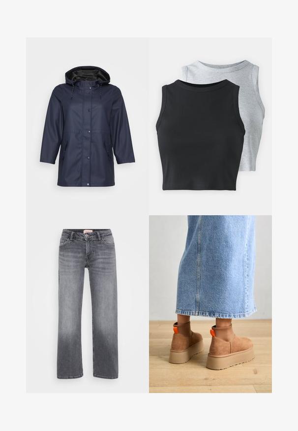 Marinblå vattentät regnjacka med huva, med dragkedja och knappar, samt två sidofickor, visad mot en ljus bakgrund.; Even&Odd Petite 2 PACK - Linne - light grey/black; Grå denimjeans med rak passform, femficksdesign, subtil blekning och knappstängning i midjan.; Bruna mockakängor med plattform och elastiska sidopaneler samt orange dragflikar, till kombinerade med en knälång ljus denimkjol på ett trägolv.