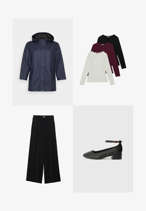 Imperméable bleu marine avec capuche, doté d'une fermeture éclair et de boutons, et de deux poches latérales, présenté sur un fond clair.; T-shirts à manches longues en blanc, bordeaux et noir. Fabriqués en tissu doux avec un col rond et un design ajusté. Idéaux pour le superposition.; Pantalons larges noirs en tissu texturé, avec une taille élastique et une ceinture à nouer amovible à la taille pour un ajustement variable.; Escarpin en cuir noir avec un bout pointu et un petit talon bloc. Doté d'une bride de cheville avec une boucle dorée. Texture lisse.