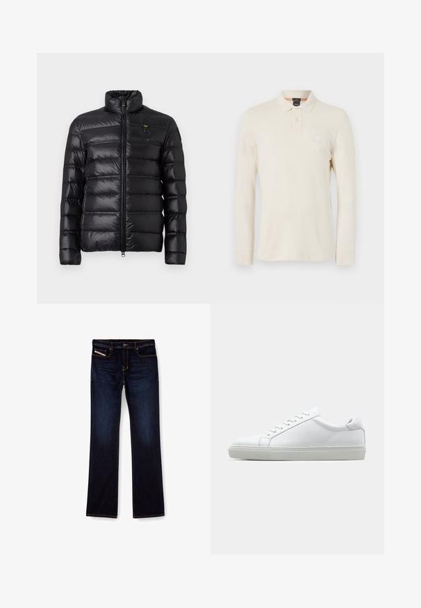 Jachetă puffer neagră cu model matlasat orizontal, guler în picioare, închidere cu fermoar frontal și patch cu logo mic pe partea stângă a pieptului.; Polo cu mânecă lungă, în bej deschis, fabricat dintr-un material neted, având guler polo, placket cu două butoane și o mică etichetă cu logo pe piept.; Jeans din denim de culoare albastru închis, cu croială dreaptă, prezentând cusături portocalii, fermoar și buzunare frontale. Textură netedă și talie standard.; Adidași albi cu o suprafață din piele netedă și un profil jos. Au un vârf rotunjit, șase orificii pentru șireturi și o talpă din cauciuc texturată.