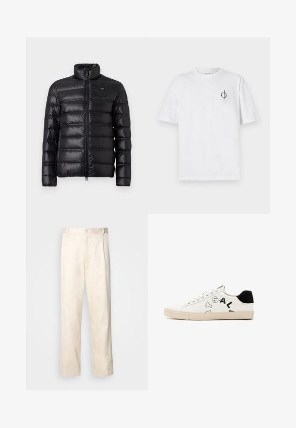 Črna puhovka z vodoravno prešitim vzorcem, s stoječim ovratnikom, sprednjim zadrževalnim zapiranjem in majhnim logotipom na levem prsnem košu.; Bela bombažna majica s sproščenim krojem, ki ima majhen črn grafični logotip na levem prsnem delu. Kratke rokave, okrogel izrez.; Bež cottone hlače s ravnim krojem, ki imajo gumbasto zapiranje in nabore spredaj za dodatne detajle.; Bela usnjena športna obutev z črnimi poudarki na peti, ki se ponaša z izrazitim črnim napisom na strani in gumijastim podplatom. Minimalistična zasnova.