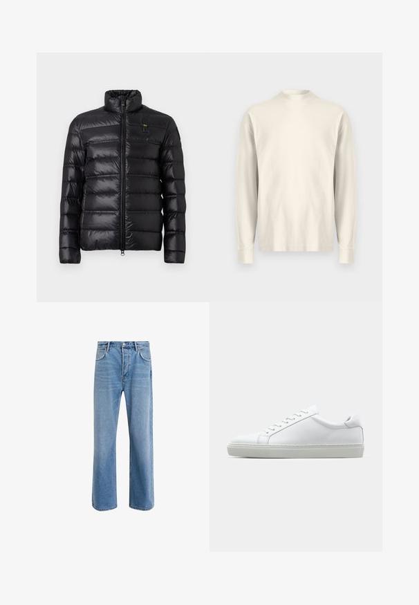 Musta puhallettu takki vaakasuoralla tikkauksella, pystylippa, etuvetoketjukiinnitys ja pieni logo-patch vasemmassa rinnassa.; Pitkähihaiset, korkea kauluksellinen paita vaaleasta kermaisen värisestä puuvillasta. Sileä pinta, rento malli, minimalistinen muotoilu, ei näkyviä kuvioita tai yksityiskohtia.; Vaaleansiniset farkut suoranlahkeisella muotoilulla, viisi taskua, nappisuljenta, vähäinen kuluminen ja kontrastiväriset ompeluyksityiskohdat.; Valkoinen tennari, jossa on sileä nahkapäällinen ja matala profiili. Ominaisuuksiin kuuluu pyöreä kärki, kuusi rei'itystä ja teksturoitu kumipohja.