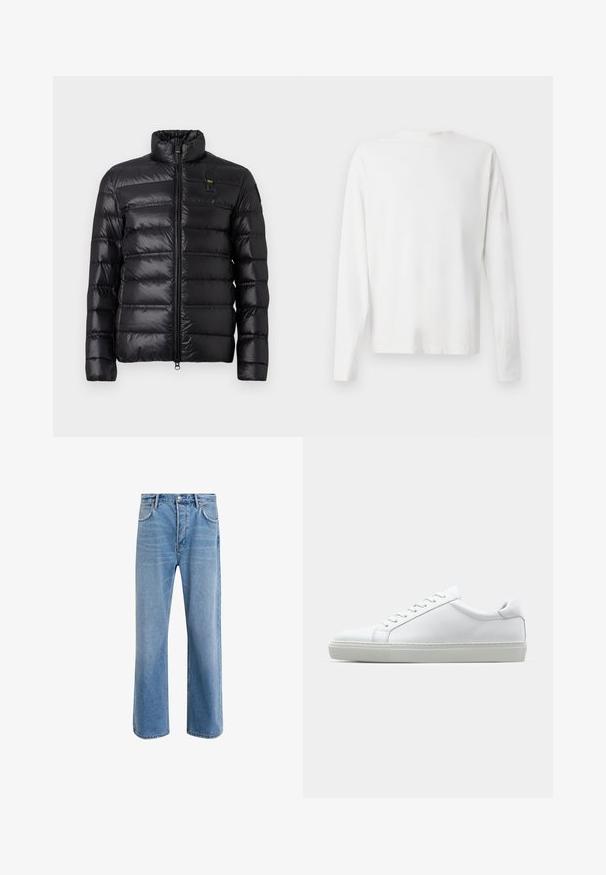 Casaco puffer preto com padrão acolchoado horizontal, colarinho alto, fecho frontal com zíper e pequena etiqueta de logo no peito esquerdo.; Camisa de algodão branca de mangas longas com decote redondo, fendas laterais na parte inferior e uma textura suave, mostrada de trás.; Calças de ganga azul claro com um design de perna reta, cinco bolsos, fecho de botão, desgaste mínimo e detalhes de costura em contraste.; Sapatilha branca com um cabedal em couro liso e de perfil baixo. Apresenta um bico redondo, seis ilhoses e uma sola de borracha texturizada.