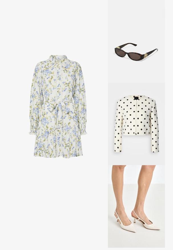Geknipte jas van een crèmekleurige stof met zwarte stippen. Heeft lange mouwen, een ronde halslijn en een sluiting aan de voorkant. Structuurafwerking.; Bloemendress in het wit met blauwe en groene bloemen, voorzien van een kraag, knoopsluiting aan de voorkant, lange mouwen met elastische manchetten en een tailleband.; Beige gepatineerde leren slingback hakken met een spitze neus en een hak van 5 cm, met uitsparingen aan de zijkanten en een dunne enkelband.; Schildpadbril met langwerpige ovale lenzen, bruine tint, gouden logo-accenten op de pootjes en slanke zwarte armen.