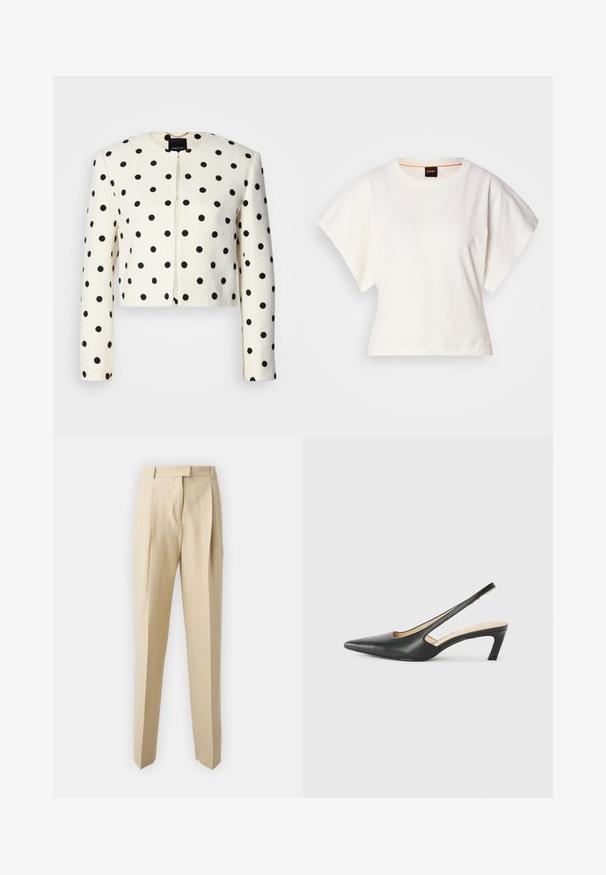 Chaqueta recortada en tejido crema con lunares negros. Presenta mangas largas, un escote redondo y un cierre delantero. Acabado texturizado.; Camiseta blanca recortada, con mangas cortas y anchas, material de algodón suave, cuello redondo con un sutil ribete naranja, diseño minimalista, sin patrones ni gráficos.; Pantalones beige ajustados con corte recto, con pliegues, cinturilla y una textura suave. Sin bolsillos visibles ni adornos.; Zapato negro de punta afilada tipo slingback con un tacón bajo, que presenta un material de cuero suave y un diseño recortado en el lateral para mayor transpirabilidad.