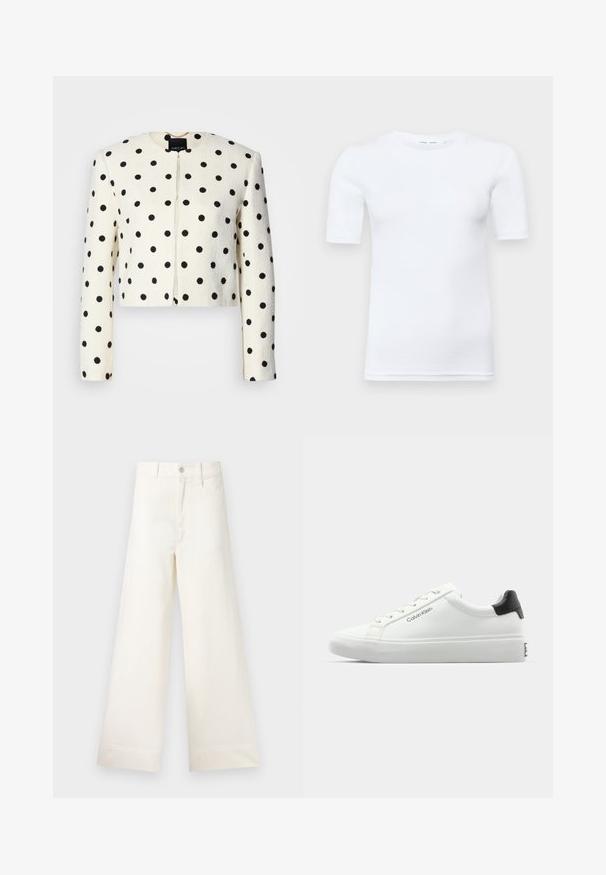 Cropped jacket in cream fabric with black polka dots. Features long sleeves, a round neckline, and a front closure. Textured finish.; White short-sleeve t-shirt made of cotton. Features a round neckline and a smooth texture, with minimal stitching visible at the hem.; Wide-leg trousers in light beige cotton. Features a high waist, front pockets, and a straight cut. Clean hem finishing without patterns.; White sneaker with a smooth finish, black heel accent, and lace-up design. Features "Calvin Klein" branding on the side. Minimalist style.