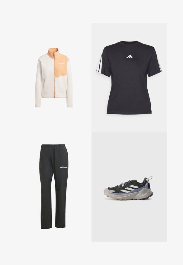 Fleece jacket in light cream and peach, zip closure, stand collar, with a chest panel and logo detail on the upper left side.; Black athletic t-shirt made of soft fabric, featuring a crew neckline, short sleeves, and three white stripes on each shoulder. White logo on chest.; Black lightweight pants with an elastic waistband. Features a subtle “TERREX” logo in white. Smooth fabric and straight-leg design.; Black athletic shoe with Gore-Tex upper, white stripes, purple accents, thick gray midsole, and textured gray outsole for grip.