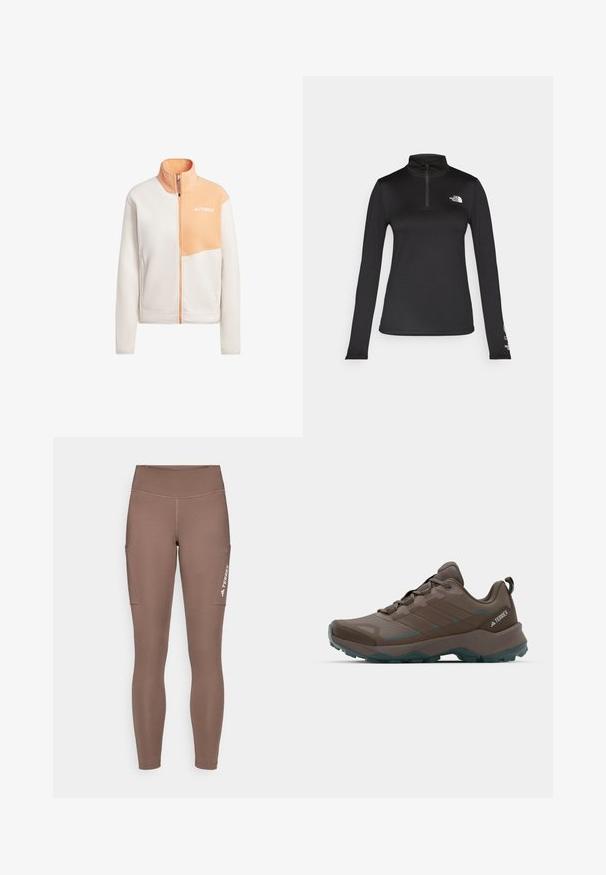 Jakna od flisa u svijetloj krem i breskvastoj boji, sa zatvaračem na izmjeničnu i stoičnim ovratnikom, s prednjim panelom i detaljem logotipa na gornjoj lijevoj strani.; The North Face FLEX 1/4 ZIP GRAPHIC - Top dugih rukava - black; Smeđe atletske tajice s visokim strukom, s bočnim džepovima i bijelim logotipom. Glatka, rastezljiva tkanina za udobnost i pokretljivost.; Sive i tirkizne planinarske cipele s mrežastim panelima, teksturiranim gornjim dijelom i čvrstim gumenenim potplatom. Imaju podstavljeni jezik i dizajn sa vezicama.