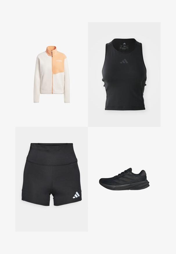 Giacca in pile color crema chiaro e pesco, con chiusura a zip, colletto rialzato, e pannello sul petto con dettaglio del logo sul lato sinistro superiore.; Top fitness nero accorciato realizzato in tessuto liscio ed elastico; presenta un collo rotondo e un piccolo logo riflettente sul davanti.; adidas Performance Leggings - black; Scarpe sportive nere con tomaia in rete, forma aerodinamica, suola piatta e tre strisce diagonali sui lati. Design leggero per il massimo comfort.