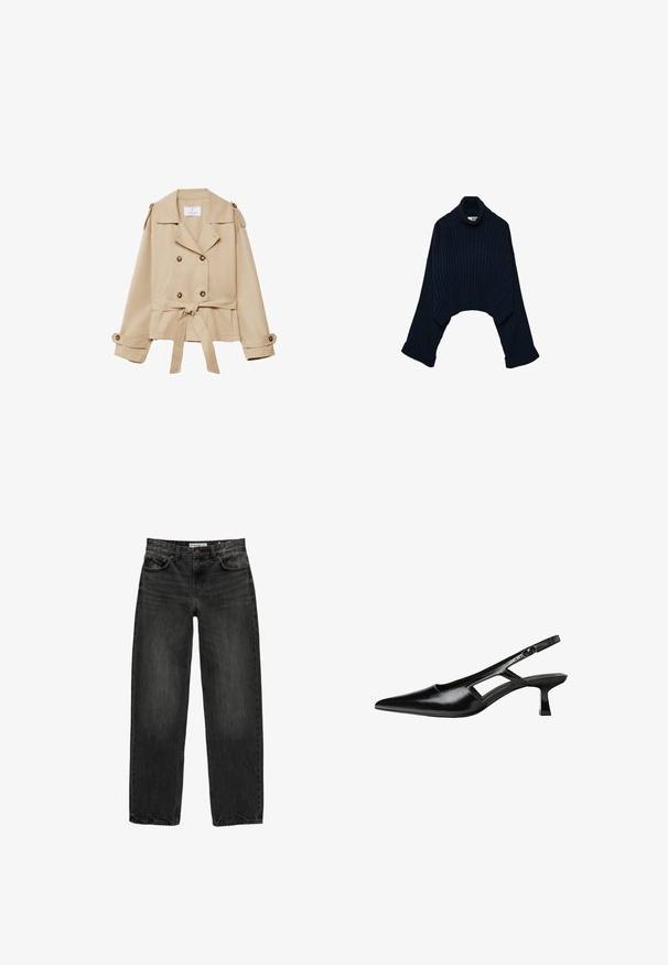 Stradivarius WITH BELT - Poletna jakna - beige; Mornarsko ribačasto pulover s turtleneck izrezom, kračenega kroja in širokimi rokavi, z zavihanim ovratnikom in zloženimi manšetami. Mehek material.; Črne jeans hlače s sproščenim krojem, ravnimi nogavicami, petimi žepi in rahlo zbledelim videzom. Zapenjanje na gumb in zadrgo spredaj.; Črne patentični usnjeni salonarji s slingback designom, z zašiljenim nosom, izrezanim stranskim dizajnom in majhnim kvadratnim peto. Gladka tekstura z minimalnimi detajli.