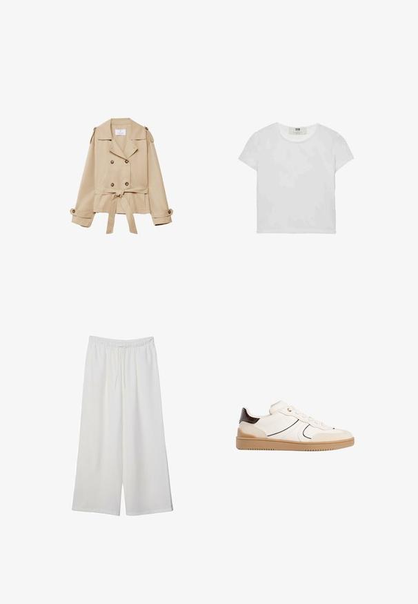 Stradivarius WITH BELT - Lichte jas - beige; Witte t-shirt met korte mouwen en ronde hals, gemaakt van zachte katoen, met een eenvoudig, schoon ontwerp zonder zichtbare patronen of accenten.; Witte wijde broek van lichtgewicht stof, met een elastische tailleband en een trekkoord voor een verstelbare pasvorm. Glad texture.; Stradivarius Sneakers laag - white