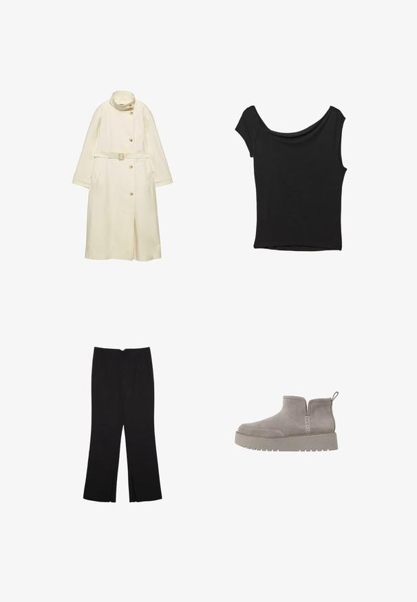 Trench coat color crema con colletto alto, bottoni frontali, vita con cintura e tasche laterali; texture liscia con design a taglio dritto.; Top nero a maniche corte realizzato in tessuto liscio; presenta un colletto drappeggiato e un orlo asimmetrico, con una vestibilità aderente.; Pantaloni neri a gamba dritta, con tasche frontali e spacchi laterali all'orlo. Realizzati in tessuto morbido e liscio. Adatti a diverse occasioni.; Stivale alla caviglia in suede grigio, dal profilo basso, con pannelli laterali elastici e suola in gomma testurizzata. Presenta un inserto per una facile calzata.