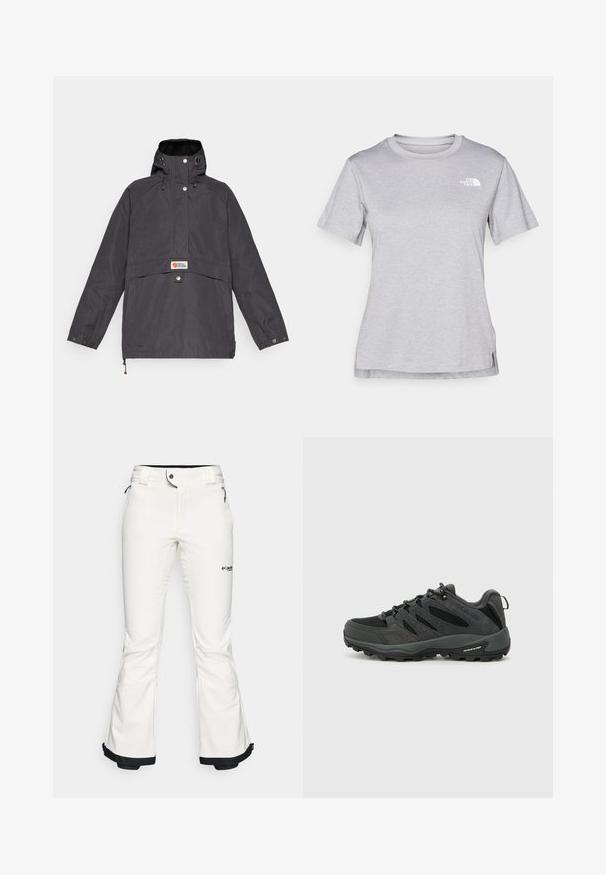 Black pullover jacket with a hood, featuring a front pocket, snap buttons, and drawstring for adjustments. Made from a textured, weather-resistant fabric.; Grey short-sleeve t-shirt made of soft, moisture-wicking fabric. Features a crew neck and a small white logo on the upper left.; White ski pants made from soft, flexible material. Features a fitted waist, wide flared legs, and black trim at the cuffs. Brand logo visible.; Columbia REDMOND - Hiking shoes - black/citron haze