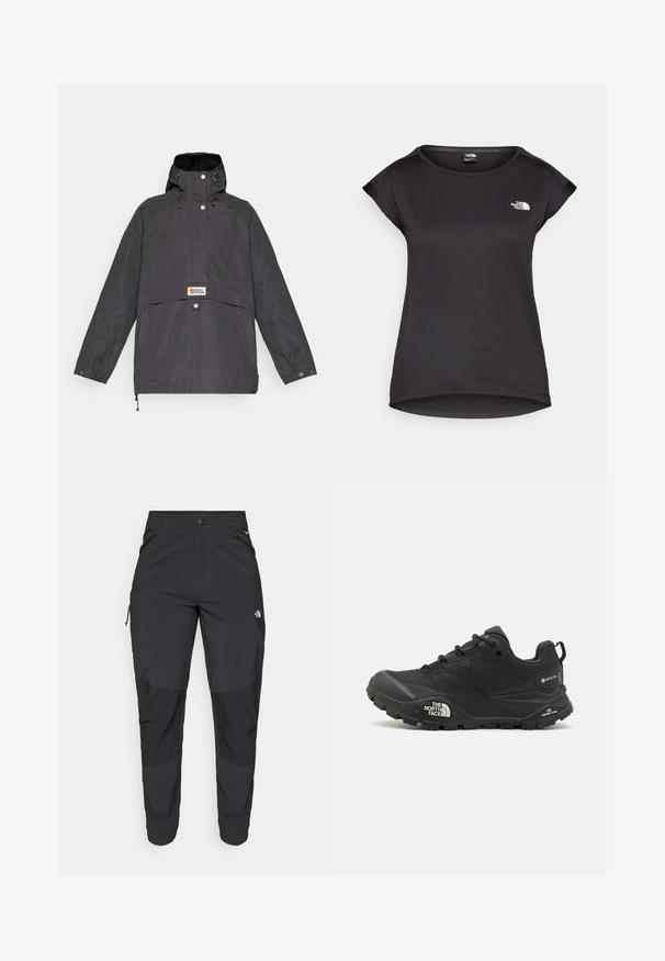 Černá mikina s kapucí, která má přední kapsu, patentky a stahovací šňůrku pro úpravu. Vyrobena z texturované, voděodolné látky.; The North Face TANKEN TANK - Sportovní tričko - black; Černé venkovní kalhoty vyrobené z odolné tkaniny. Mají zipové kapsy, zesílené kolenní panely a rovný střih pro větší pohyblivost.; Černá turistická bota s texturovaným svrškem, šněrováním a masivní gumovou podrážkou, která má výrazné logo po straně a vzory na podrážce.