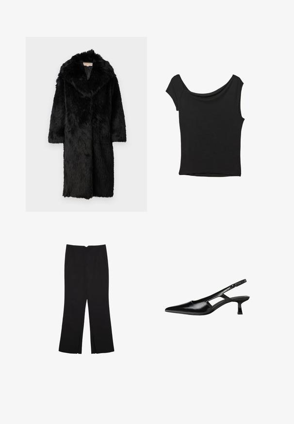 MICHAEL Michael Kors LONG COAT - Zimski plašč - black; Črna kratka majica s kratkimi rokavi iz gladkega blaga; ima drapiran izrez in asimetrično spodnjo rob, s prilegnjenim telesom.; Črne hlače ravnega kroja z naglavnimi žepi in stranskimi razporki na robu. Narejene iz mehke, gladke tkanine. Primerne za različne priložnosti.; Črne patentični usnjeni salonarji s slingback designom, z zašiljenim nosom, izrezanim stranskim dizajnom in majhnim kvadratnim peto. Gladka tekstura z minimalnimi detajli.