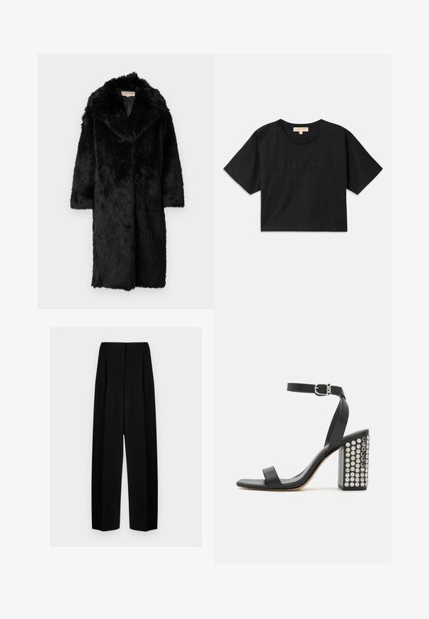 MICHAEL Michael Kors LONG COAT - Geacă - black; Tricou scurt negru din bumbac. Are guler rotund și mâneci scurte. "MICHAEL KORS" brodat în aceeași culoare pe față.; Pantaloni negri evazați cu talie înaltă, având plisseuri și o textură netedă. Țesătura pare ușoară și se așază elegant.; Sandale cu toc din piele neagră, cu o curea la gleznă. Au vârf pătrat, textură netedă și toc pătrat bloc decorat cu capse argintii.
