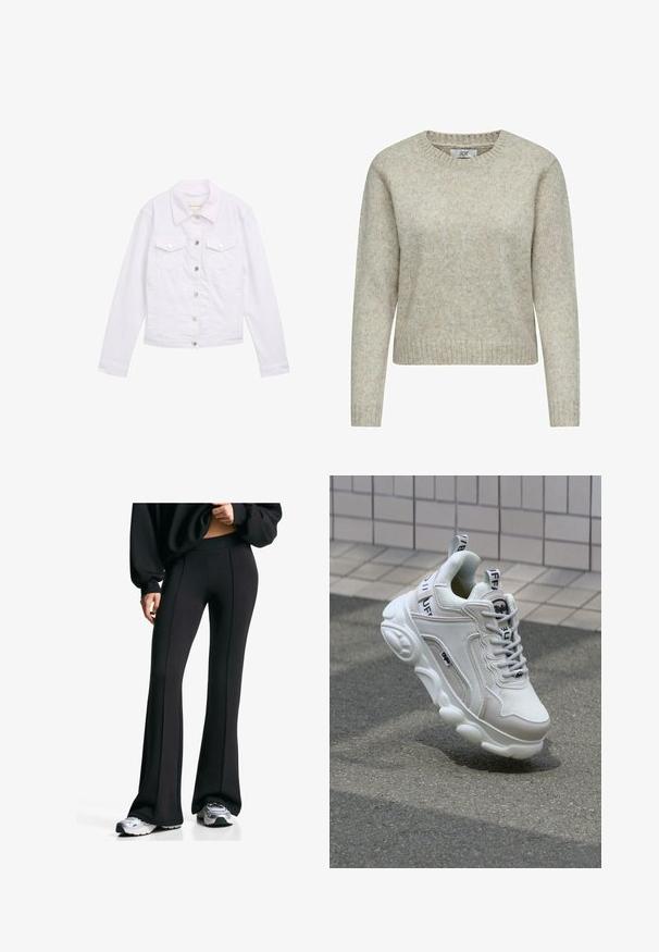 White denim jacket with long sleeves, classic collar, two chest pockets, silver button hardware, and stitched detailing on the front and cuffs.; Light beige women's sweater made of soft knit fabric, featuring a round neckline and ribbed cuffs and hem. Classic, straight-cut design.; Black flared pants with a high waistband and side seams. Made of stretchy fabric, they feature a smooth texture. Paired with athletic shoes.; White sneaker with mesh and leather materials, rounded toe, thick sole, prominent laces, and branding on the heel and tongue.